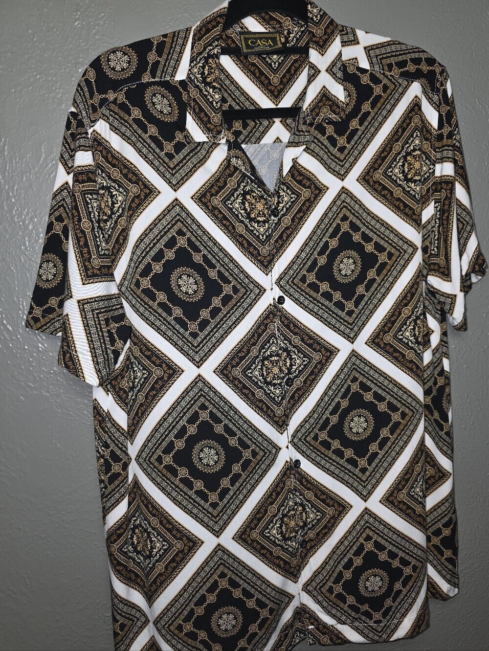 Casa Moda Couture Greek Key & Baroque Patchwork Camp Shirt M/L